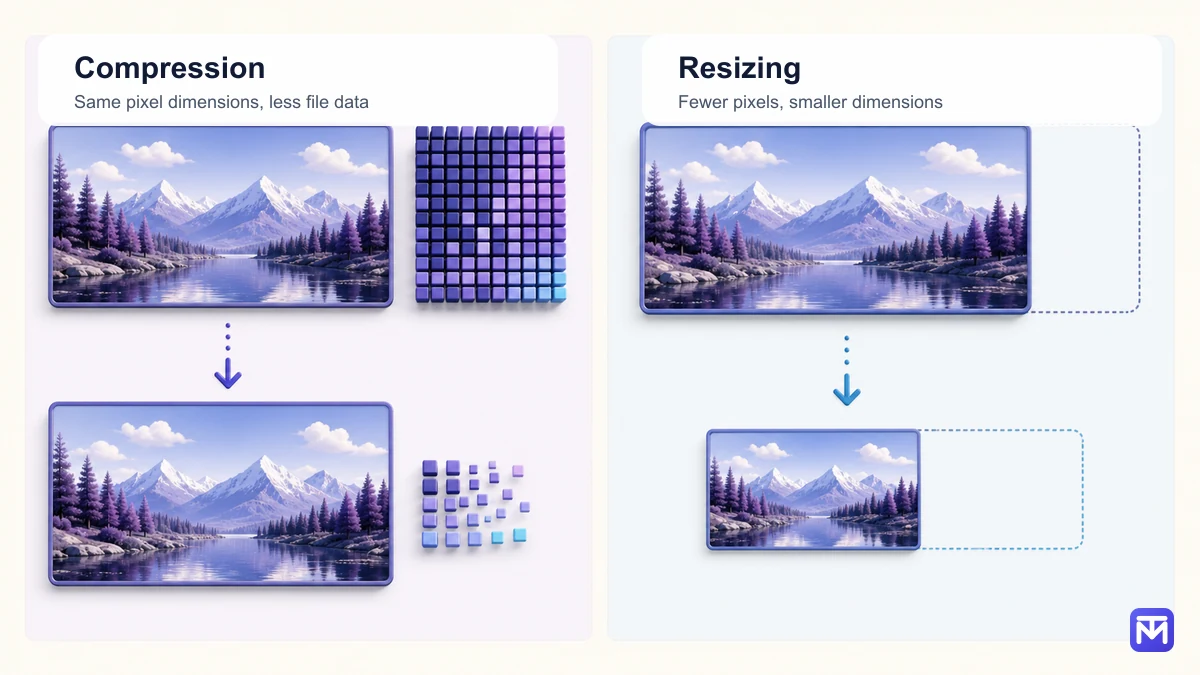 Diagram comparing image compression, which reduces file data, with resizing, which changes pixel dimensions