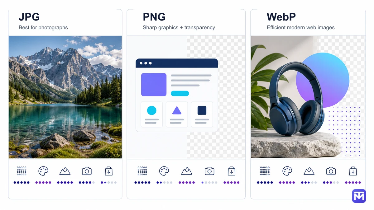 Visual comparison of JPG, PNG and WebP characteristics for photos, transparency and web delivery