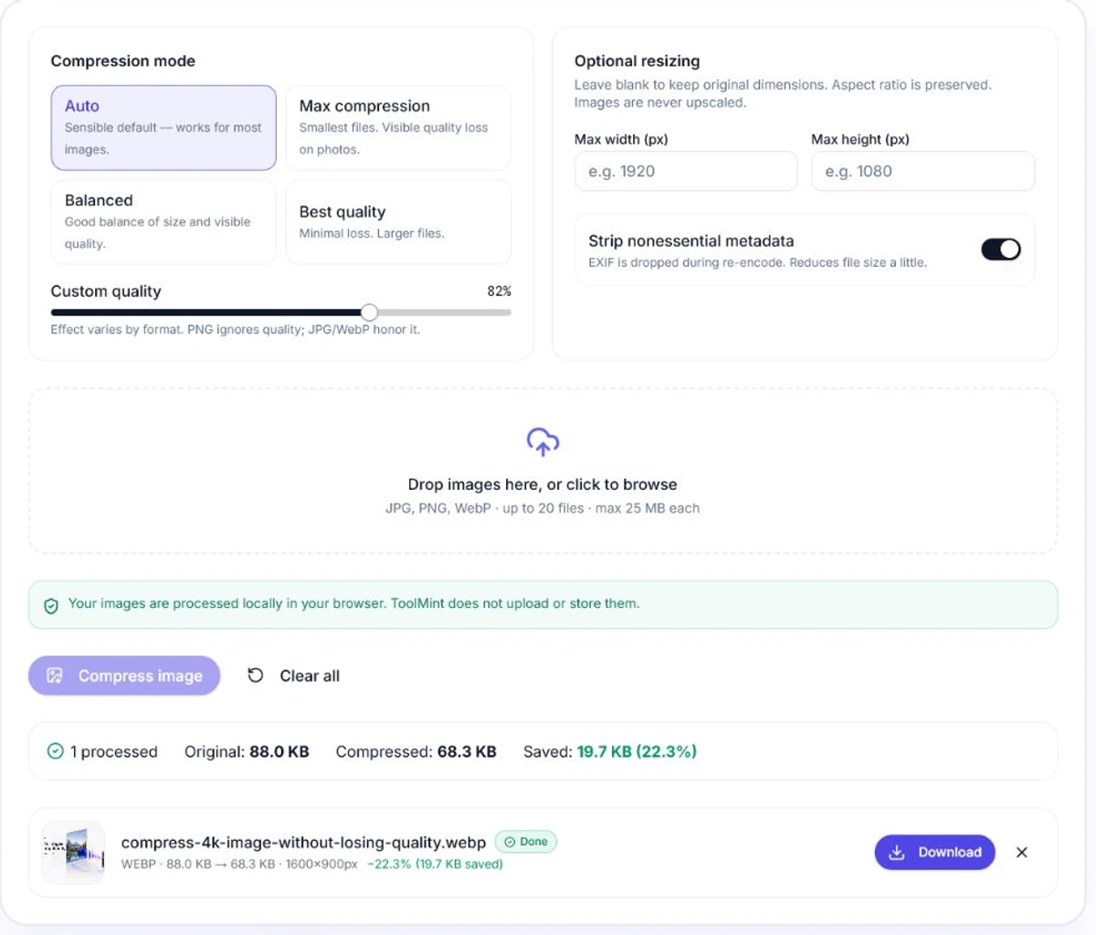 ToolMint Image Compressor settings showing compression mode, resize limits and metadata options