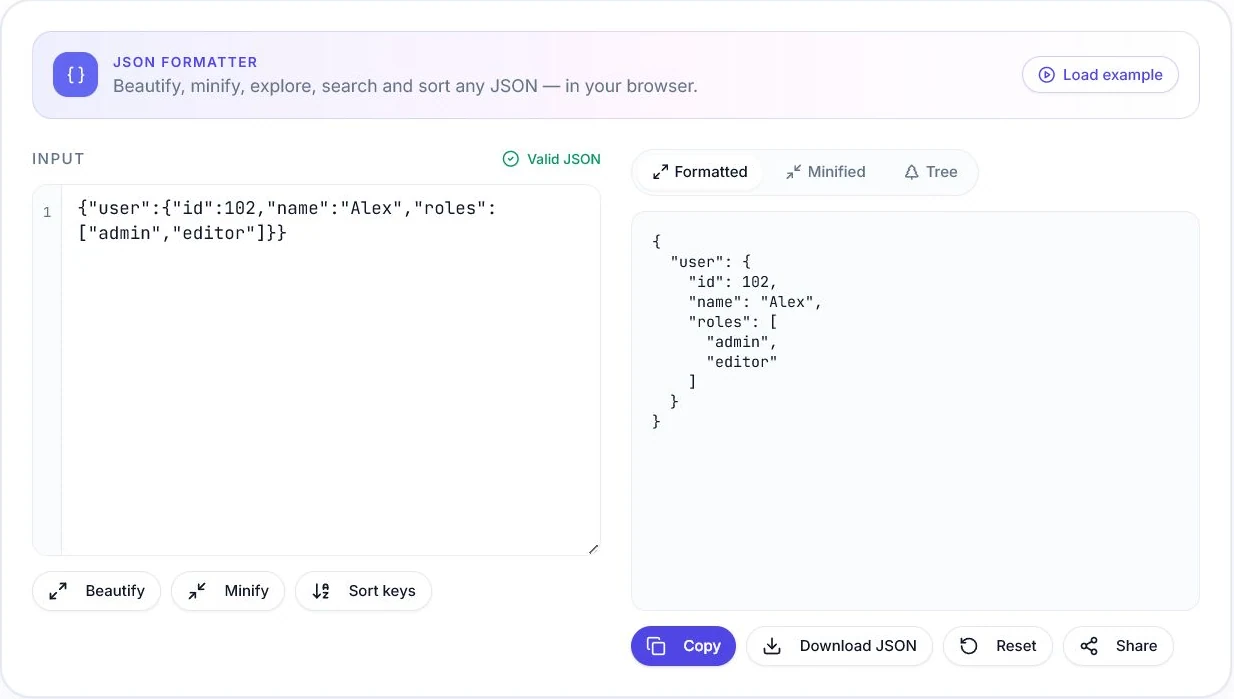 ToolMint JSON Formatter showing raw JSON, formatted output and validation controls
